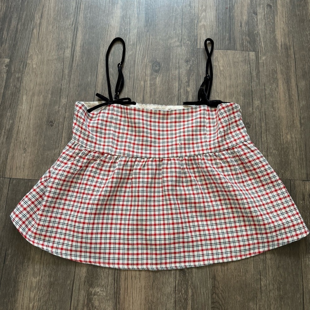 Pretty Garbage Peplum Red Plaid Sleeveless Top Black Straps Lined Side Zipper M - Picture 4 of 13